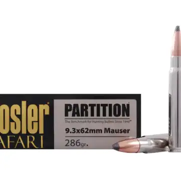 Nosler Safari Ammunition 9.3x62mm Mauser 286 Grain Partition 500 Round