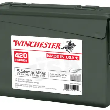Winchester USA Ammunition 5.56x45mm NATO 55 Grain M193 Full Metal Jacket 10 Round Clips in Ammo Can 840 Rounds