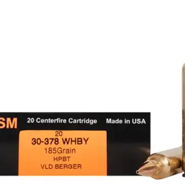 HSM Trophy Gold Ammunition 30-378 Weatherby Magnum 185 Grain Berger Hunting VLD Hollow Point Boat Tail 500 Round