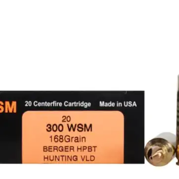 HSM Trophy Gold Ammunition 300 Winchester Short Magnum (WSM) 168 Grain Berger Hunting VLD Hollow Point Boat Tail  500 Round