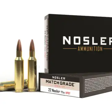 Nosler Match Grade Ammunition 22 Nosler 77 Grain Custom Competition Hollow Point Boat Tail 500 Round