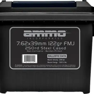 Ammo Inc. Ammunition 7.62x39mm 122 Grain Bi-Metal Full Metal Jacket Steel Case Berdan Primed Ammo Can of 250 Bulk