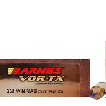 Barnes VOR-TX Ammunition 338 Winchester Magnum 225 Grain TTSX Polymer Tipped Spitzer Boat Tail Lead-Free 500 Round