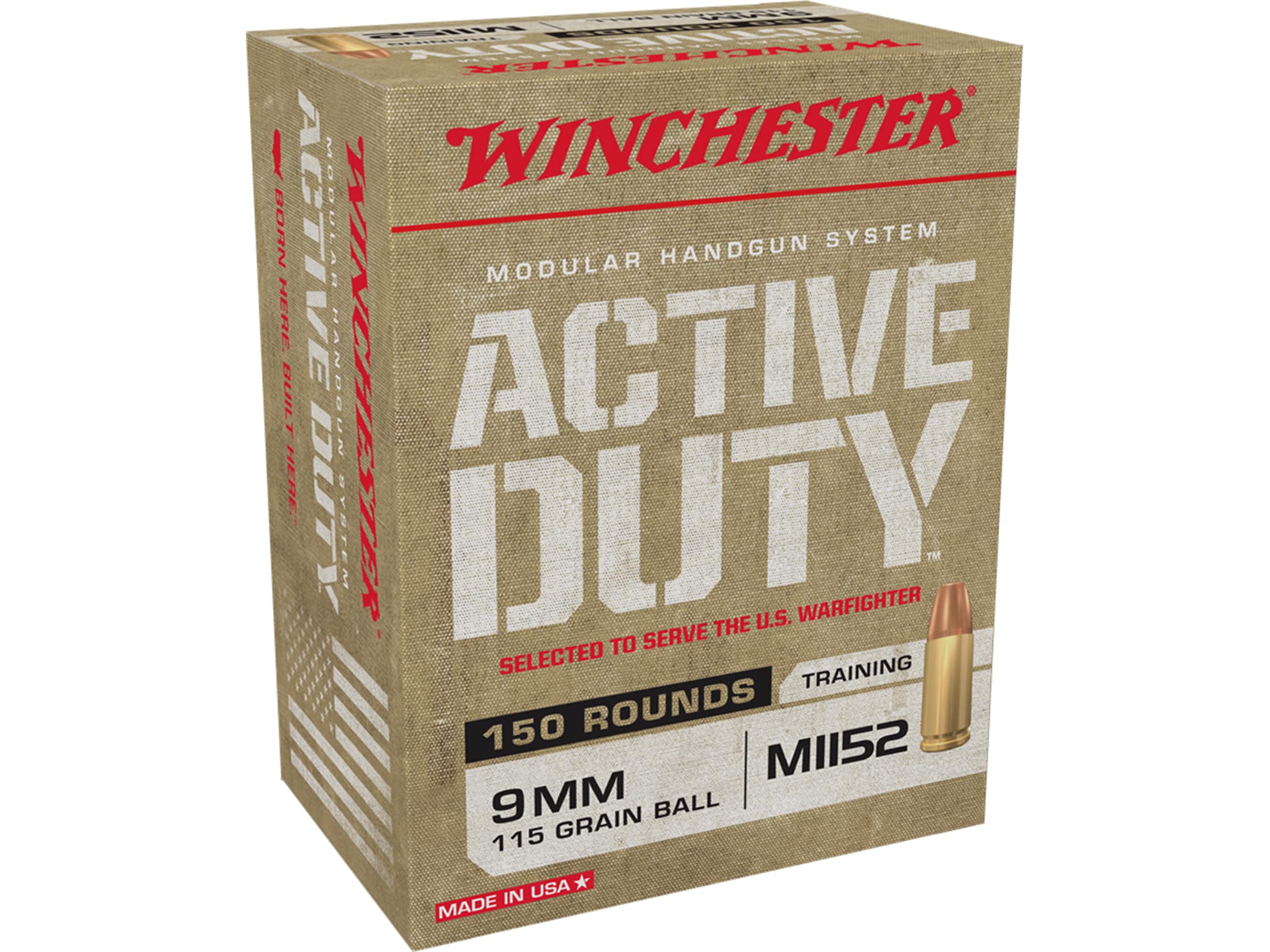 Winchester Active Duty MHS Ammunition 9mm M1152 115 Grain Full Metal Jacket Flat Nose