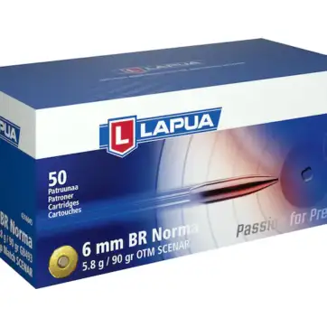 Lapua Scenar-L Ammunition 6mm Norma BR (Bench Rest) 90 Grain Hollow Point Boat Tail 500 Round