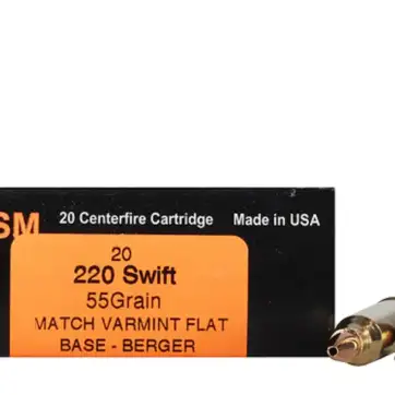 HSM Varmint Gold Ammunition 220 Swift 55 Grain Berger Varmint Hollow Point Flat Base 500 Round