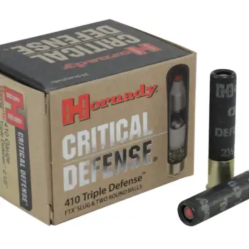 Hornady Critical Defense Ammunition 410 Bore 2-1/2″ 41 Caliber FTX Slug over two 35 Caliber Lead Round Balls Box of 500 Rounds